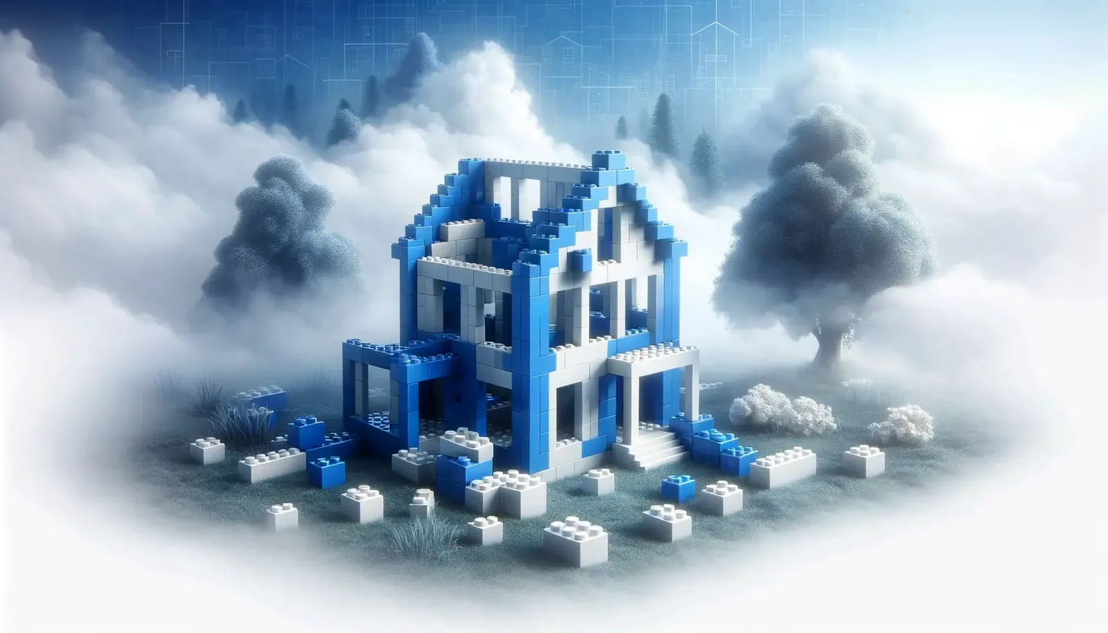 Ein Haus aus blauen und weißen Bausteinen als Bild für den Two-For-IIoT-Modulbaukasten